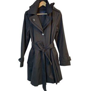 London Fog Womens Black Trench Coat L RG10722 Hood Lined Pleated